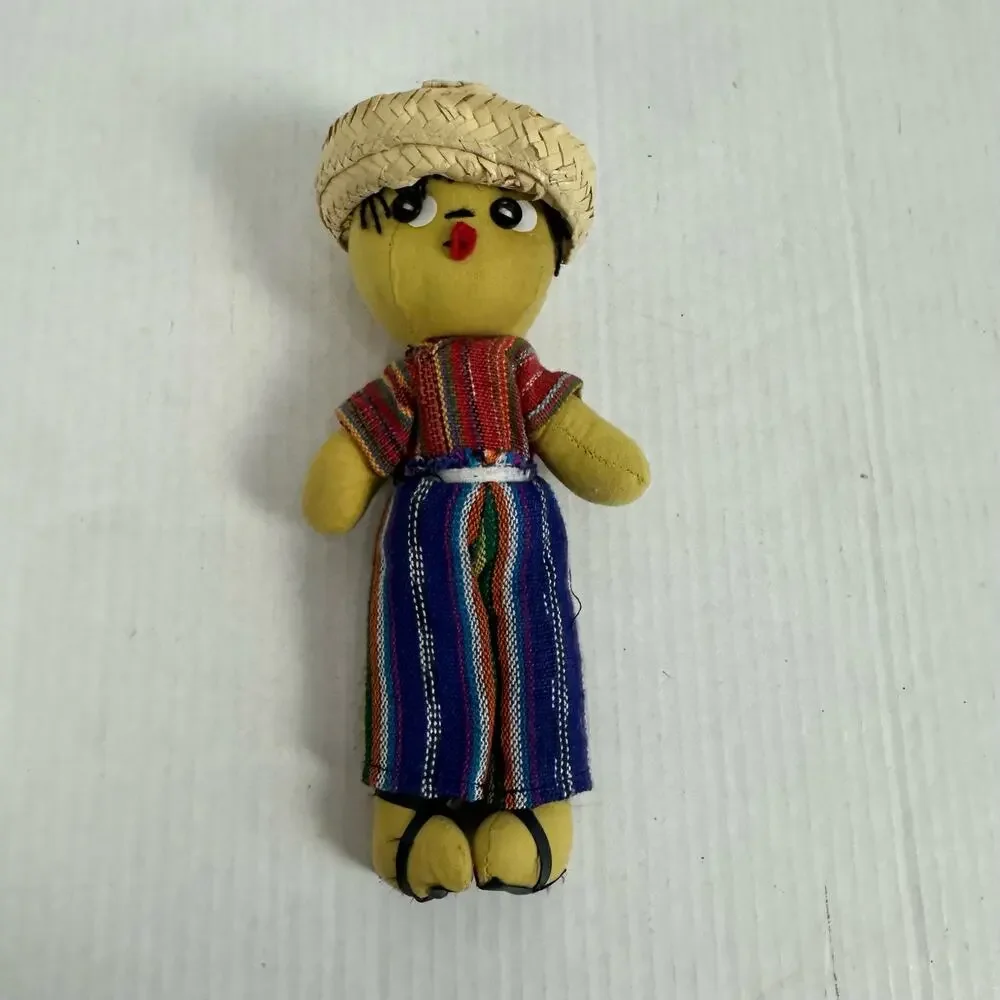 Handmade Folk Cloth Rag Doll Belize Boy Man Straw Hat